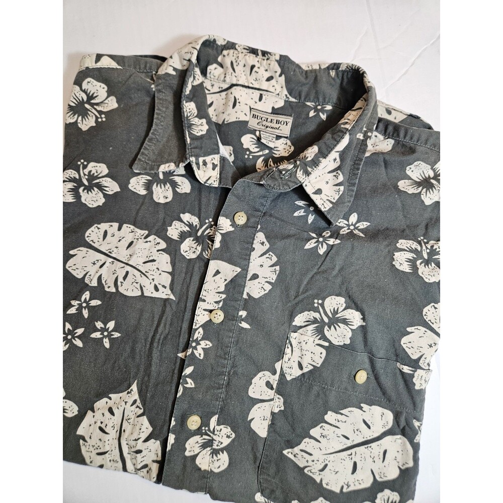 Bugle Boy Green Hawaiian Tropical Floral Cotton Button-Up Shirt Men's XL